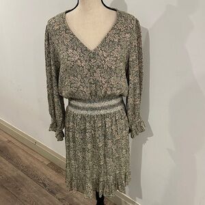 Tribal Jeans Green Orange Botanical Print Dress Medium Smocked Waist Ruffle